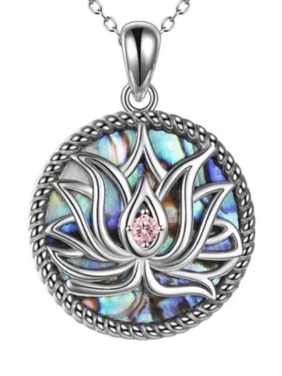 MoonFlowerBtq Jewelry - Lotus Shell Inlay Pendant Necklace Stainless Steel Round Medallion 18” Chain